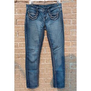 Truth Pants Womens Blue Denim Flat Front Low Rise Fit Boot cut Embroidery Sz 7/8